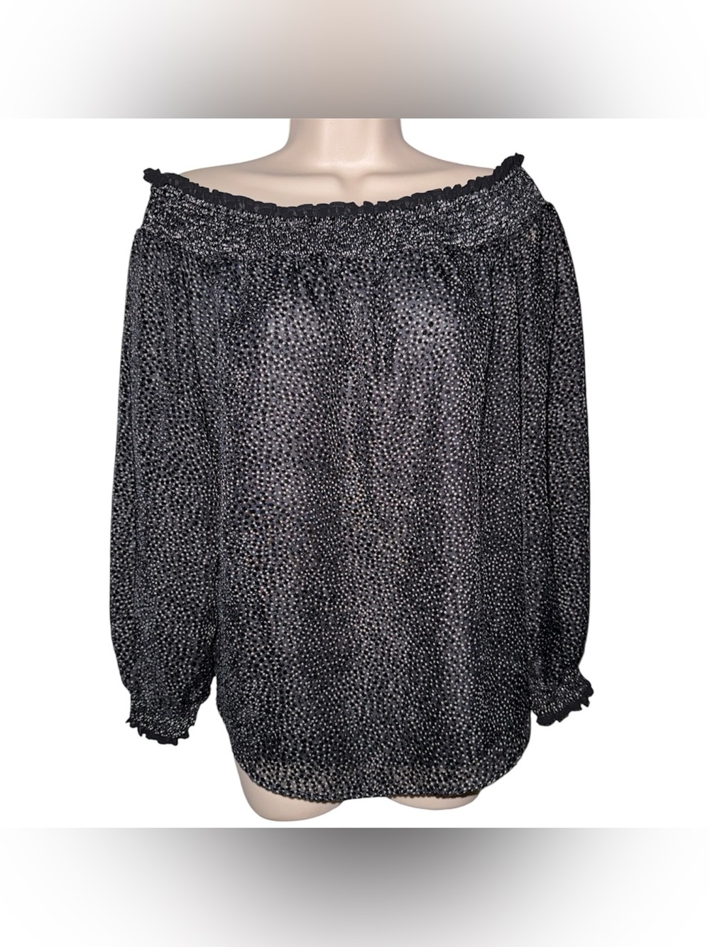 White House Black Market Black and Brown Sheer Layer ElasticOff-Shoulder Velvet